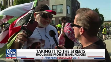 A man waving a Hamas flag outside the DNC claims that every Palestinian supports the group and praises its actions on October 7.