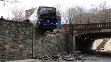 During rush hour, a city bus narrowly avoids a disaster on an elevated overpass.