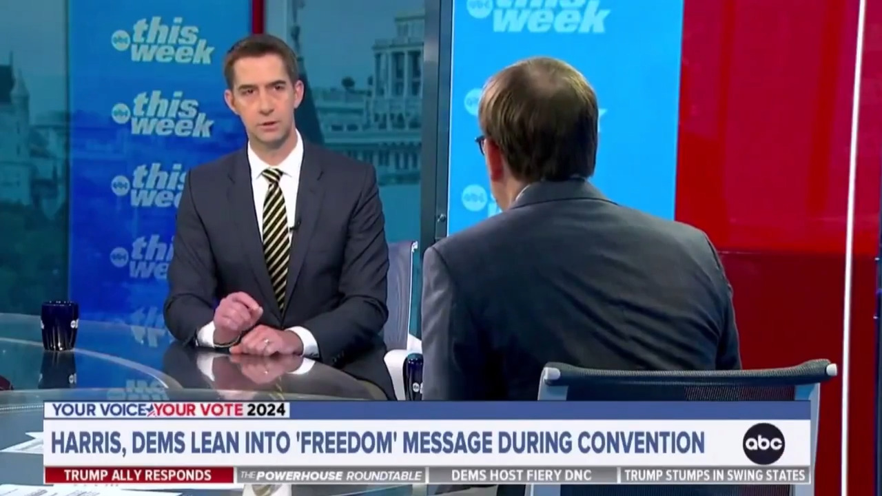 Sen. Cotton confronts ABC's Jonathan Karl over Harris' previous advocacy for Medicare-for-all.