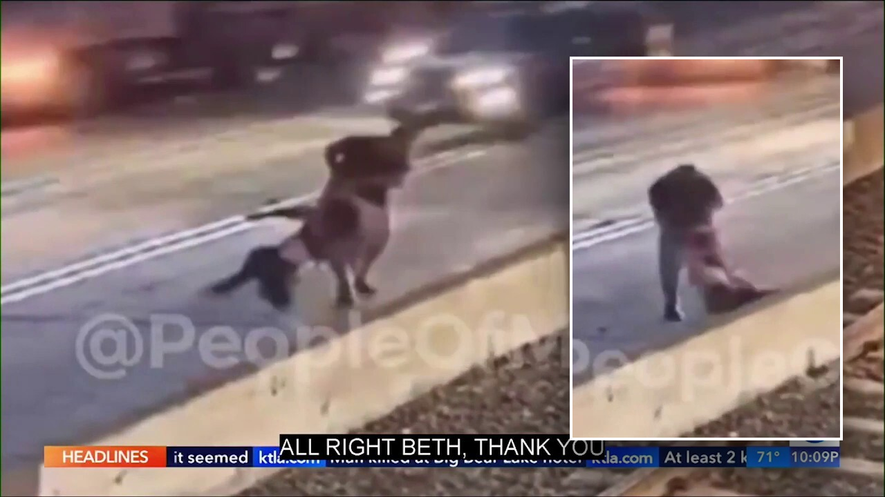 Video footage shows a woman being forcibly removed from a train track and thrown into traffic on a California freeway.