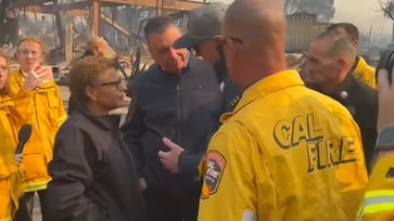 LA Mayor Karen Bass declines to respond to questions regarding her absence during the wildfires that are devastating the city.