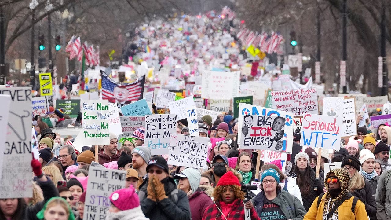 Thousands of right-wing demonstrators ascend on Washington to celebrate Trump inauguration.