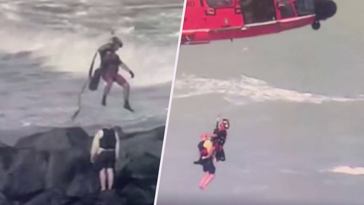 Video shows dramatic rescue of missing Florida jet skier clinging to rocks off St. Lucie Inlet.