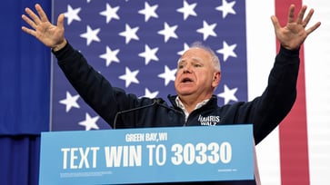 During a Wisconsin rally, Tim Walz highlights the support he has received from Dick Cheney, Bernie Sanders, and Taylor Swift.