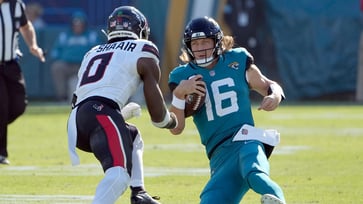 Azeez Al-Shaair of the Texans delivers a massive blow to Trevor Lawrence of the Jaguars, resulting in a heated altercation.