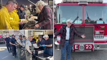 First responders in Los Angeles are being served meals by Jay Leno amid ongoing deadly wildfires.