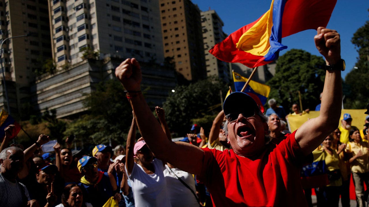 A large number of Venezuelan opposition protesters demonstrate prior to Maduro's third swearing-in ceremony.