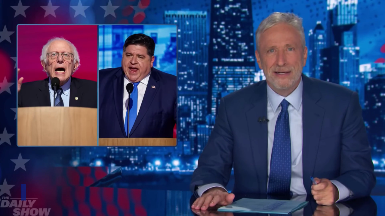 At the DNC, Jon Stewart criticizes Bernie Sanders, Bill Clinton, and Democrats for inconsistency.