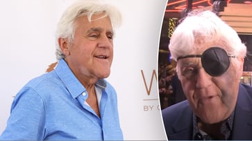 Jay Leno conceals facial wounds with an eye patch following a severe tumble.