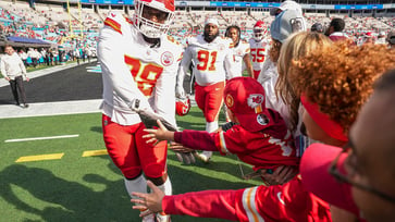 A young fan is caught by Tershawn Wharton, a lineman for the Carolina Panthers, after falling over a barrier at the team's stadium.