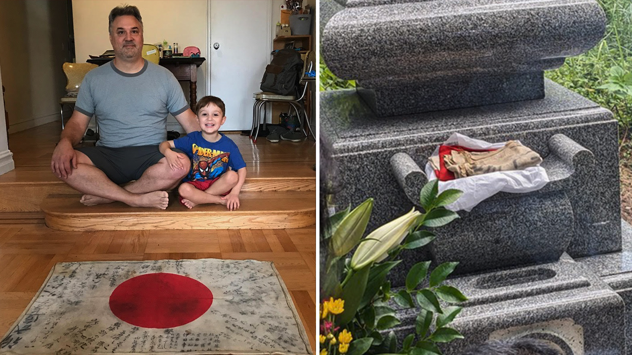 Japanese family reunites with World War II veteran's grandson over souvenir flag.