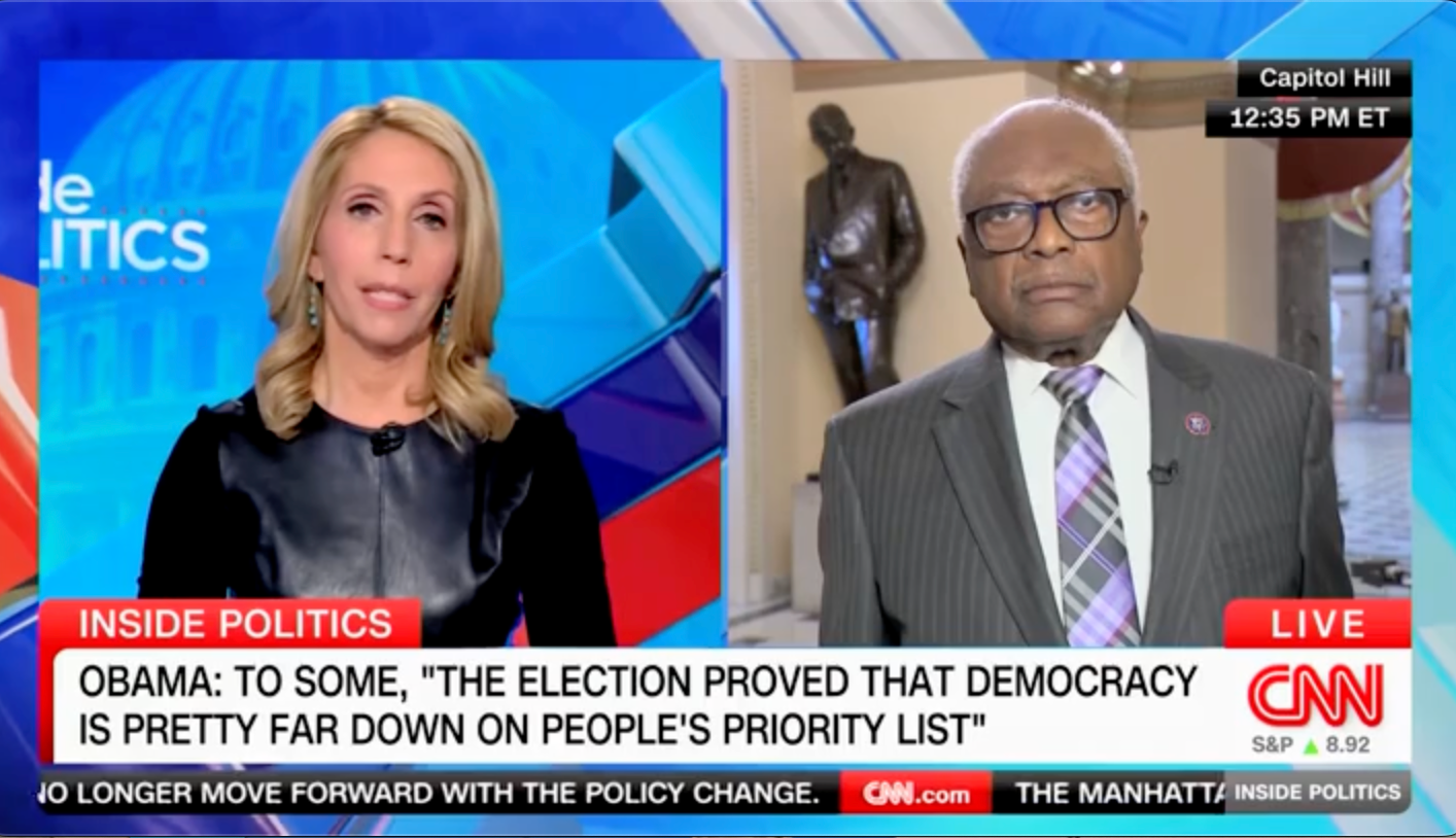 Rep. James Clyburn warns that democracy remains in peril following the last election, citing the election of 1876 as a precedent for Jim Crow laws.