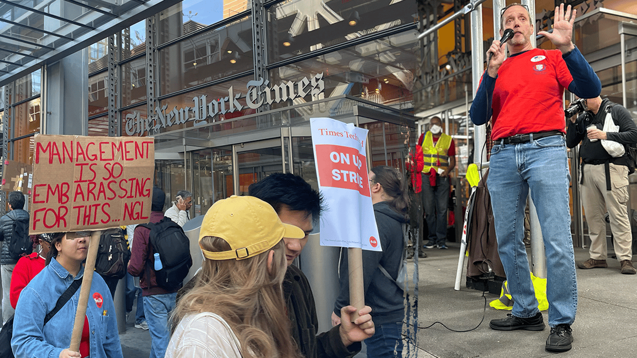 Tech employees in New York on strike discuss the impact of their labor action on election coverage: "No contract, no needle."