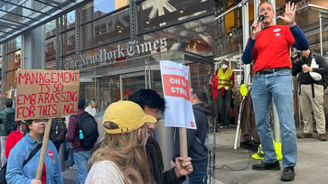 Tech employees in New York on strike discuss the impact of their labor action on election coverage: "No contract, no needle."