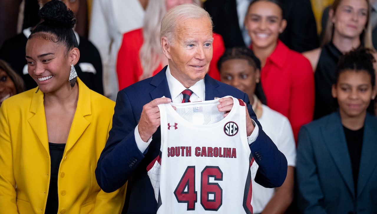 Biden criticizes men's college basketball for lower viewership than women's as champions visit White House.