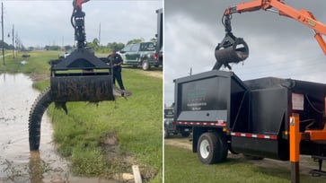 The Texas public works department successfully removes a 12-foot alligator using a grapple truck.