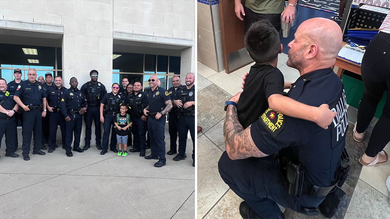 A Texas police officer's son begins his first day of school with an escort from the police.