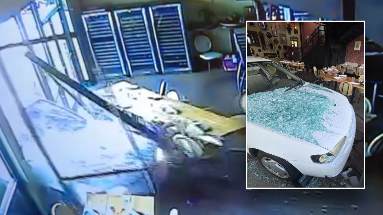 Brunch patrons scatter in panic as a car smashes through the windows of an Italian restaurant.