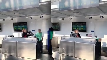 An irate traveler hurls a computer screen at airline staff and then escapes.