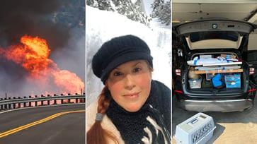 Despite surviving multiple natural disasters, the 'unluckiest woman' evacuates from California wildfires.