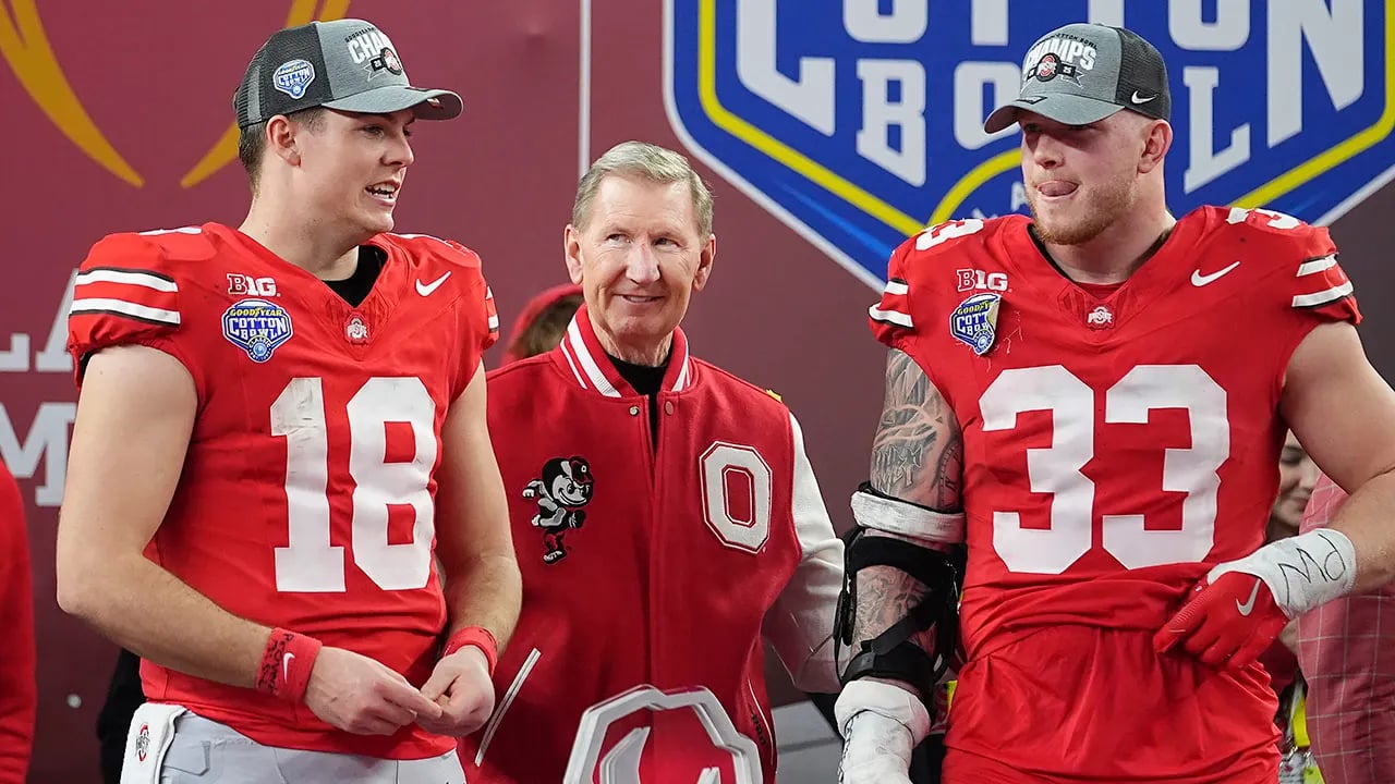 Ohio State players give thanks to God after winning the national college football championship.