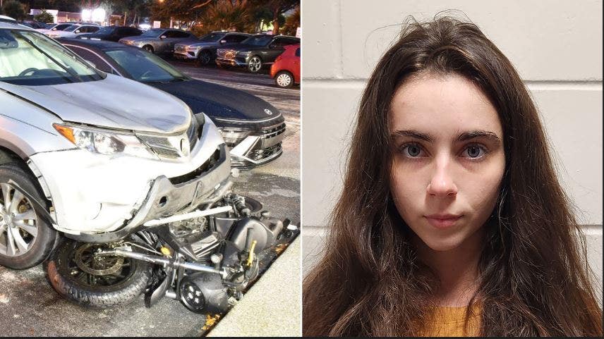 A Florida ballroom dancer allegedly struck a motorcyclist and drove away with the bike attached to her car, according to police.