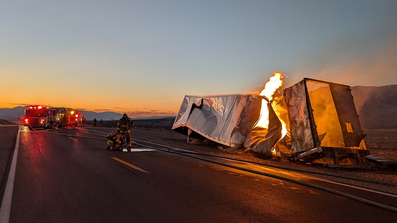 A truck transporting 44,000 pounds of chickpeas ignites in Death Valley.