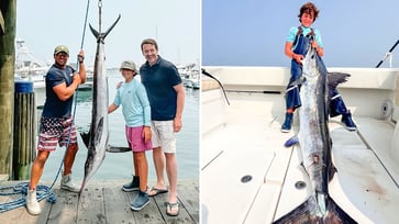 A young fisherman catches a massive 118-pound white marlin on Nantucket, potentially setting a new junior world record.