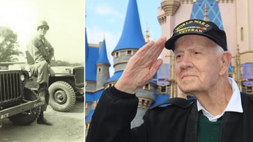 During a flag retreat ceremony at Disney's Magic Kingdom, a 100-year-old WWII veteran was honored.