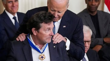 Michael J. Fox receives Presidential Medal of Freedom for his research on Parkinson's disease.