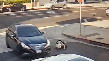 A 63-year-old woman was severely injured in a hit-and-run accident in Los Angeles, as captured in a video.