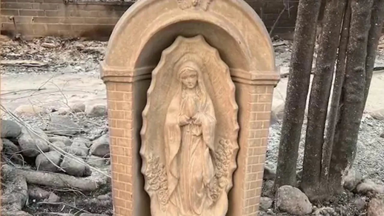 Despite losing their home to wildfires, a California family remains devoted to their faith after their Virgin Mary statue miraculously survived the destruction.